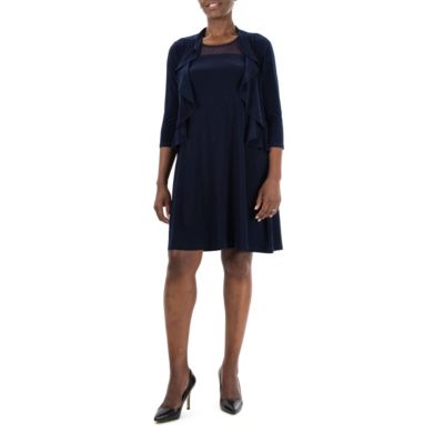 Nina Leonard Women's Ruffle Bolero And Dress, Navy Blue, XL