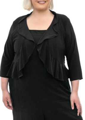Nina Leonard Women's Ruffle front bolero small dot, Black, 1X