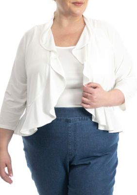 Nina Leonard Women's Ruffle front bolero small dot, Ivory, 3X