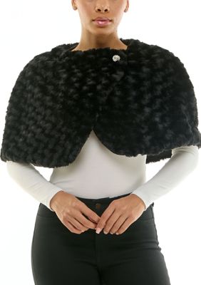 Nina Leonard Women's Wrap-Over Caplet Faux Fur Jacket, Black, XL
