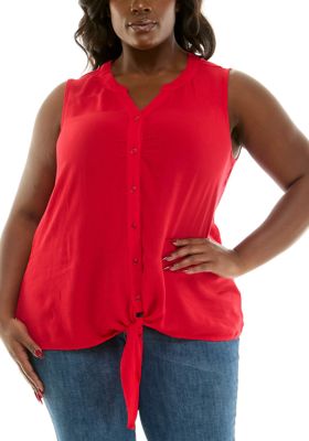 Nina Leonard Women's Sleeveless Button Up Tie Front Shirt