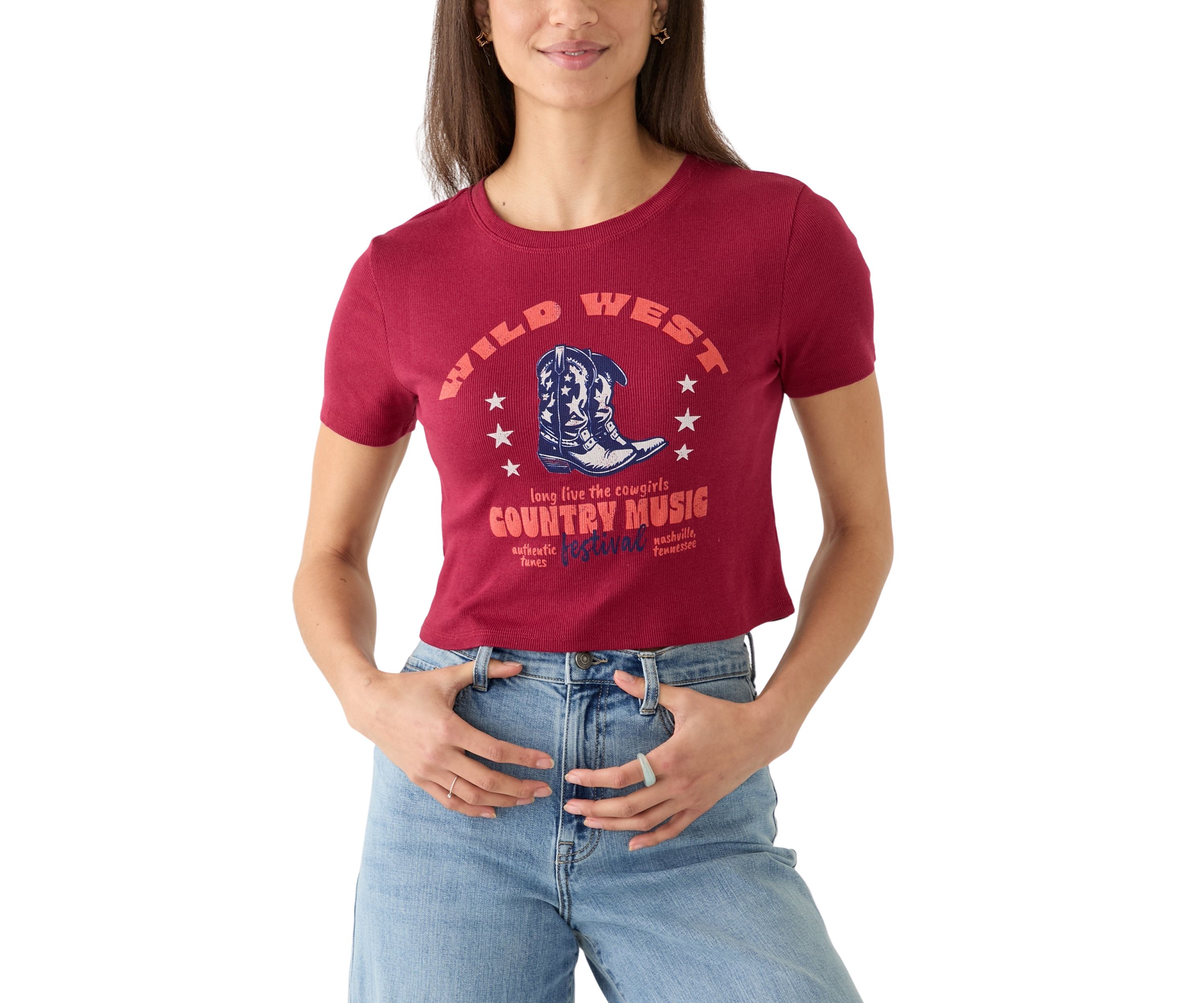 Womens Short Sleeve Crew Neck Wild West Country Music Graphic T-Shirt