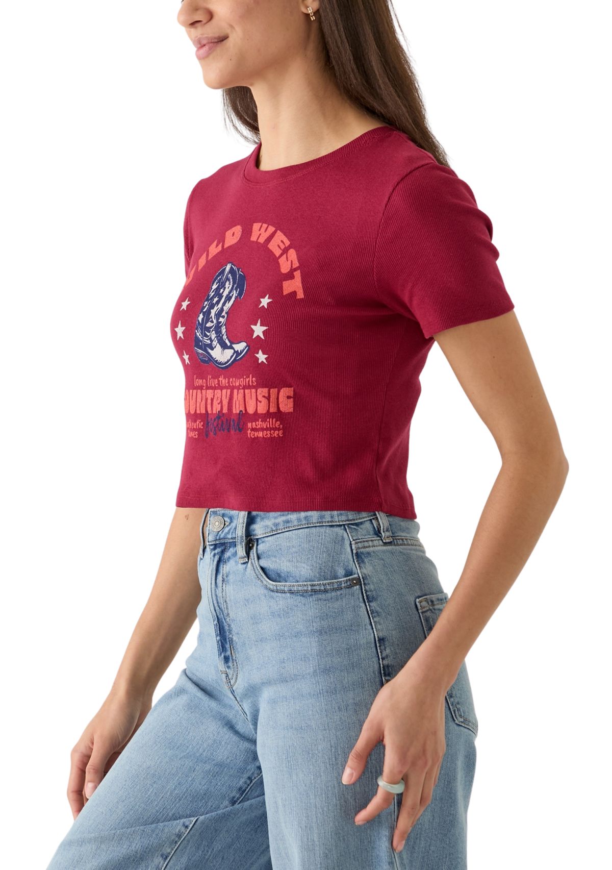 Womens Short Sleeve Crew Neck Wild West Country Music Graphic T-Shirt