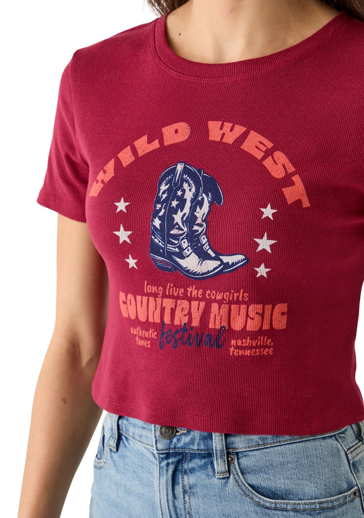 Womens Short Sleeve Crew Neck Wild West Country Music Graphic T-Shirt