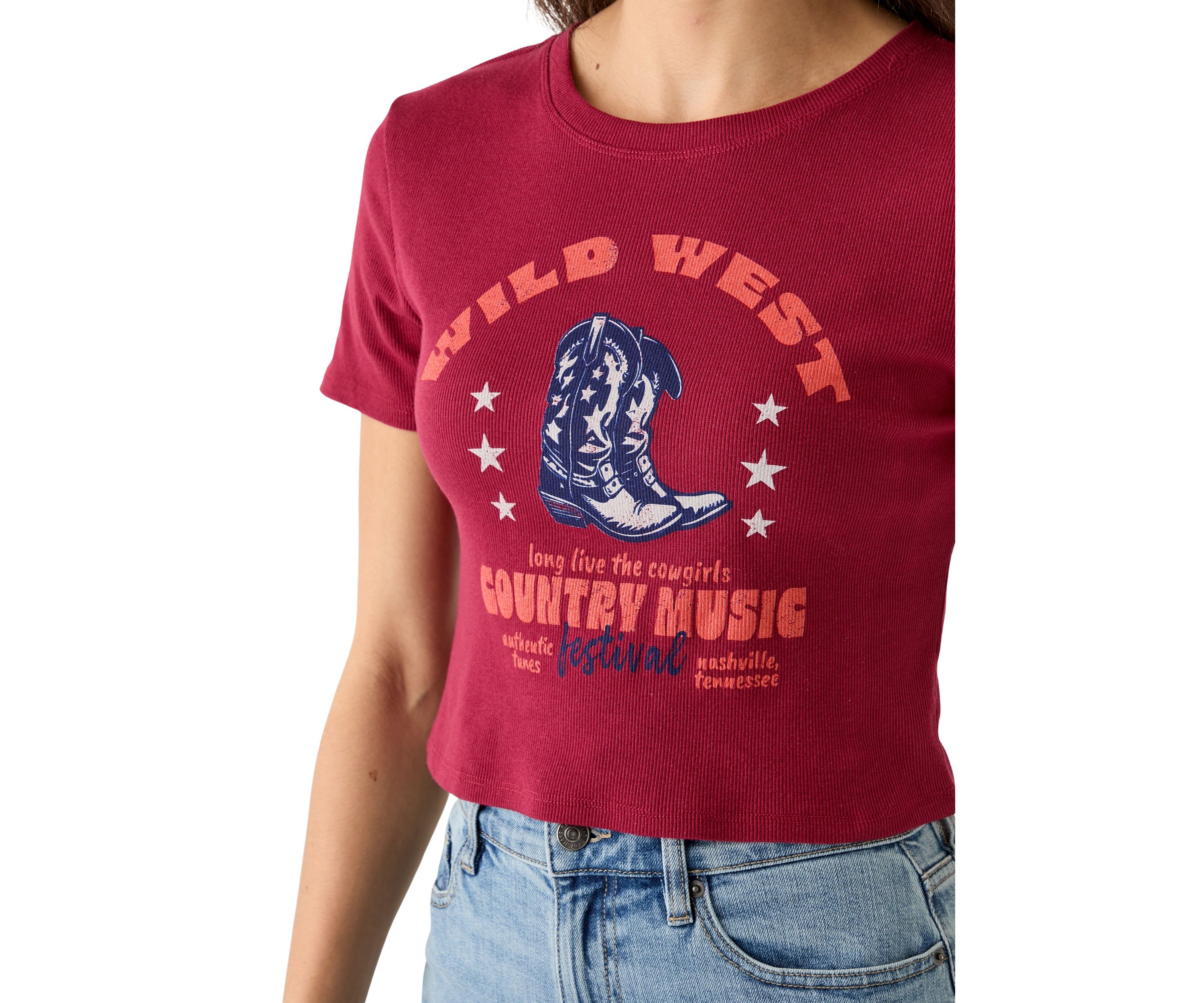 Womens Short Sleeve Crew Neck Wild West Country Music Graphic T-Shirt