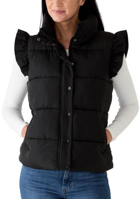 Crown & Ivy Women's Petite Ruffle Shoulder Puffer Vest
