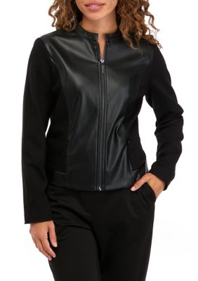 AK Anne Klein Women's Long Sleeve Mixed Media Faux Leather Jacket, Black, XS