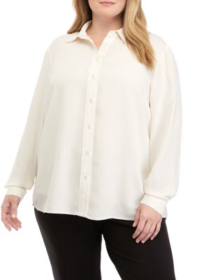 AK Anne Klein Women's Plus Size Long Sleeve Slim Fit Utility Blouse, White, 0X