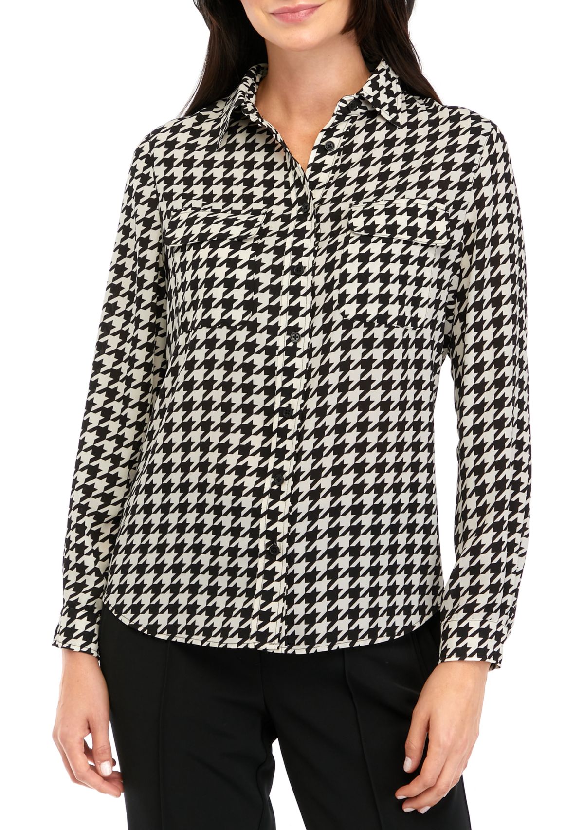 Petite Long Sleeve Houndstooth Print Shirt 