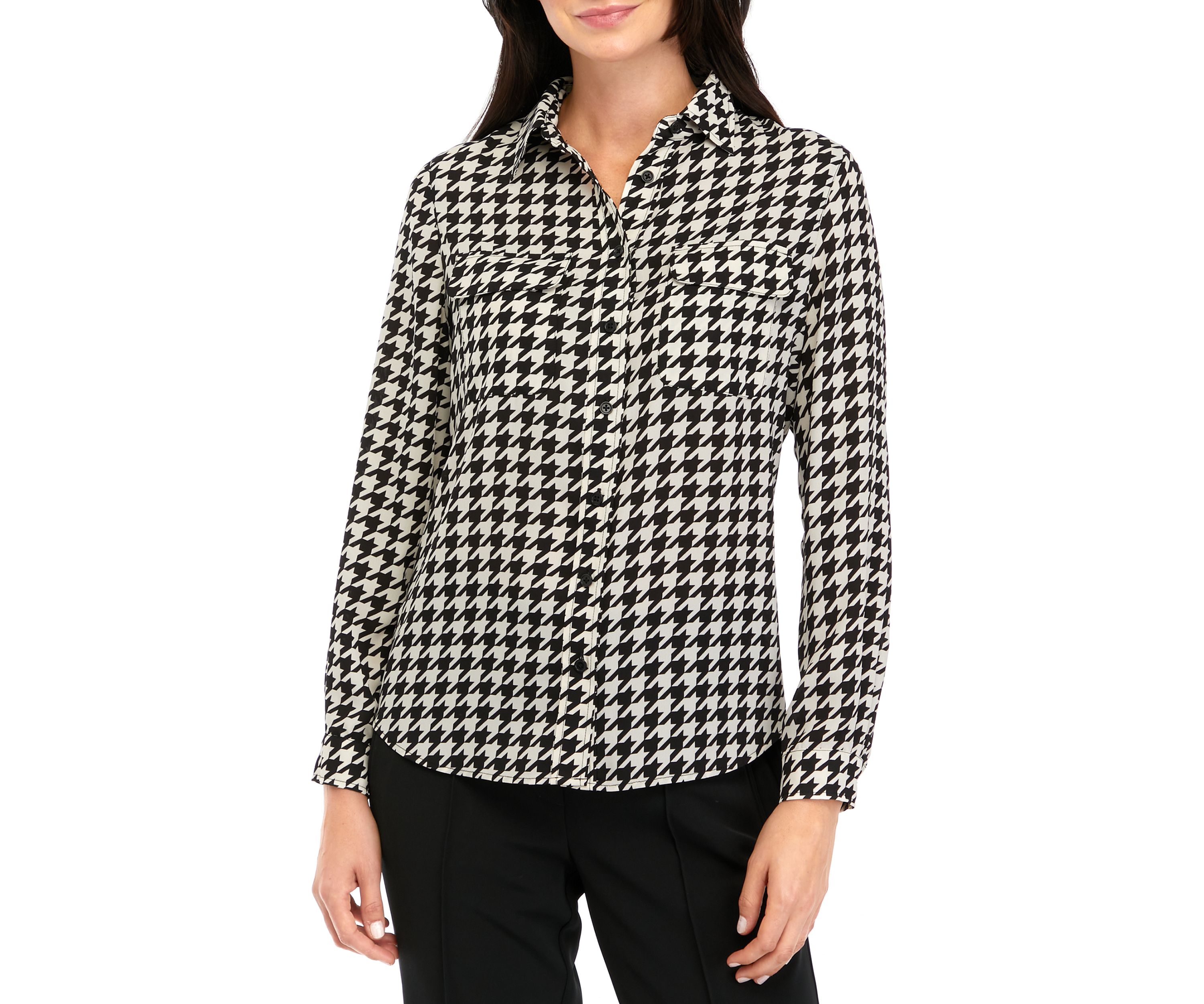 Petite Long Sleeve Houndstooth Print Shirt 