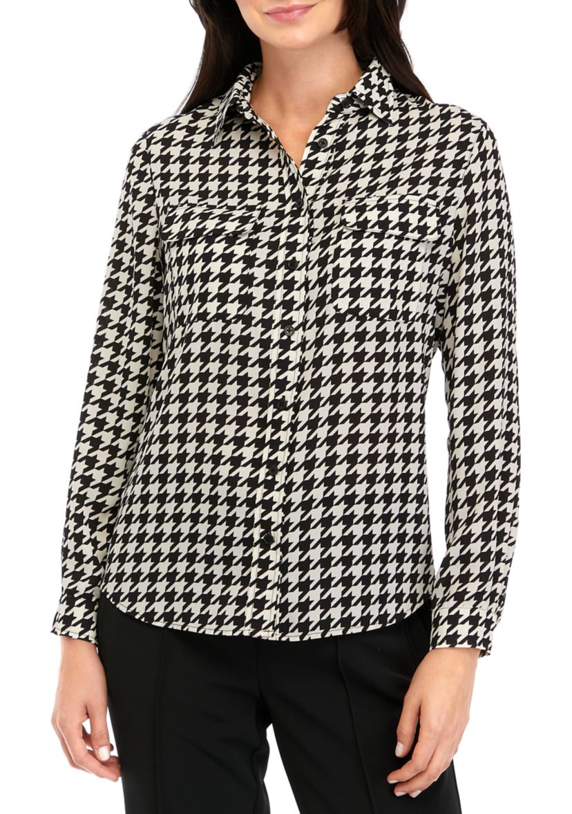 Petite Long Sleeve Houndstooth Print Shirt 