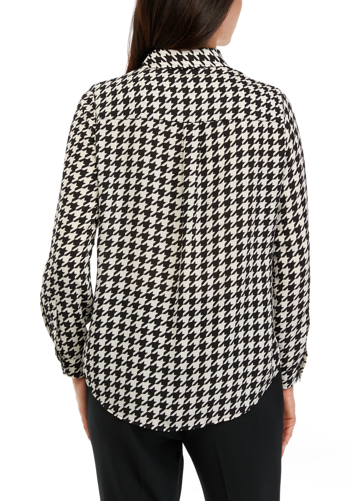 Petite Long Sleeve Houndstooth Print Shirt 