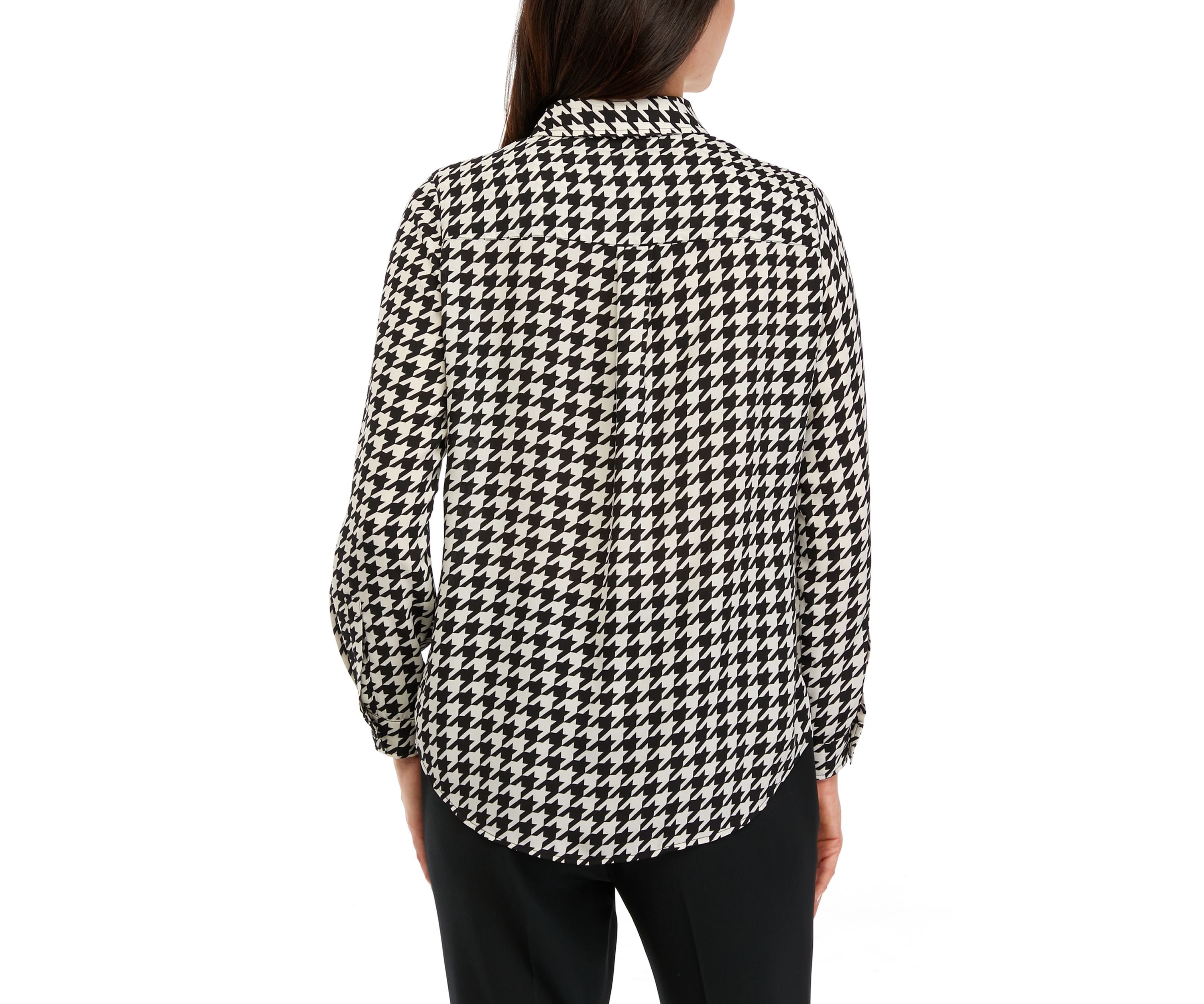 Petite Long Sleeve Houndstooth Print Shirt 