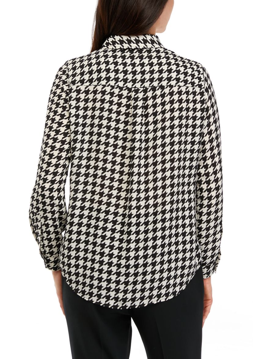 Petite Long Sleeve Houndstooth Print Shirt 