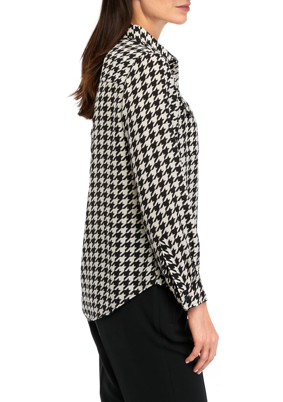 Petite Long Sleeve Houndstooth Print Shirt 