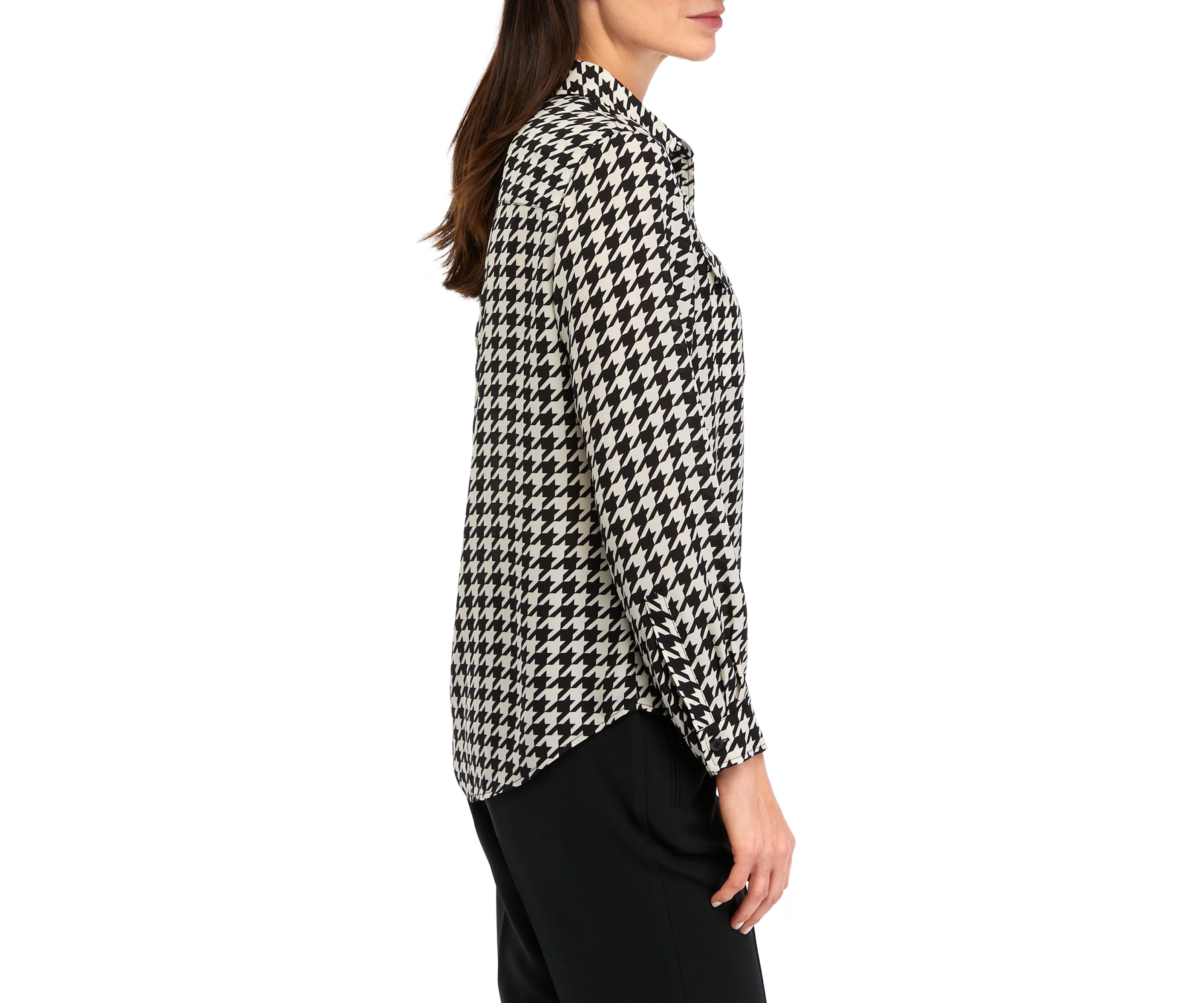 Petite Long Sleeve Houndstooth Print Shirt 