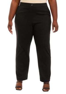 AK Anne Klein Women's Plus Size Pull On Ponte Straight Pants, Black, 0X