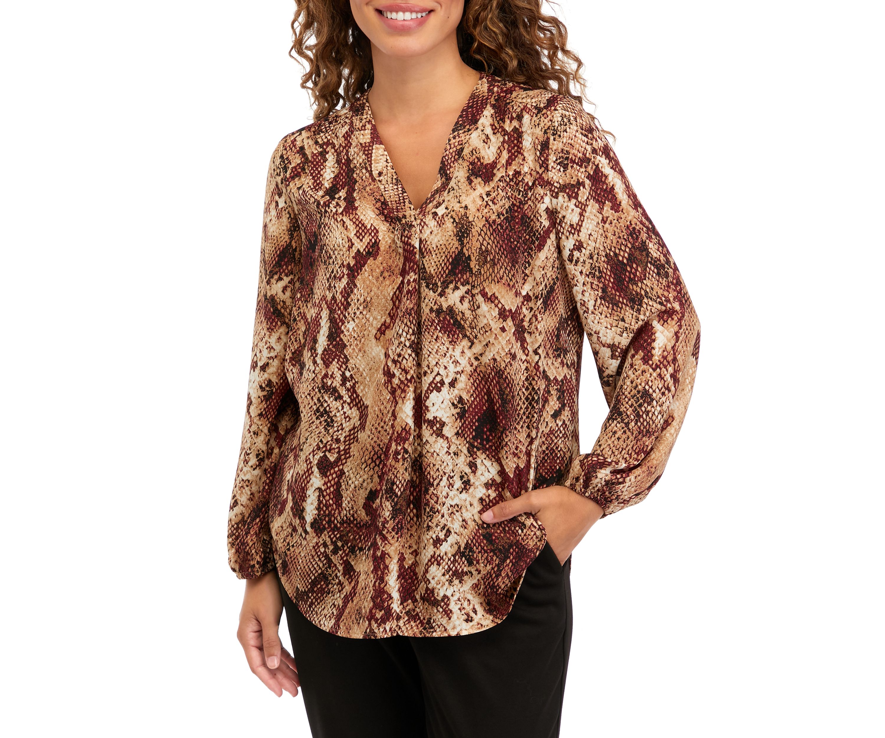 Petite V-Neck Woven Animal Print Peasant Top