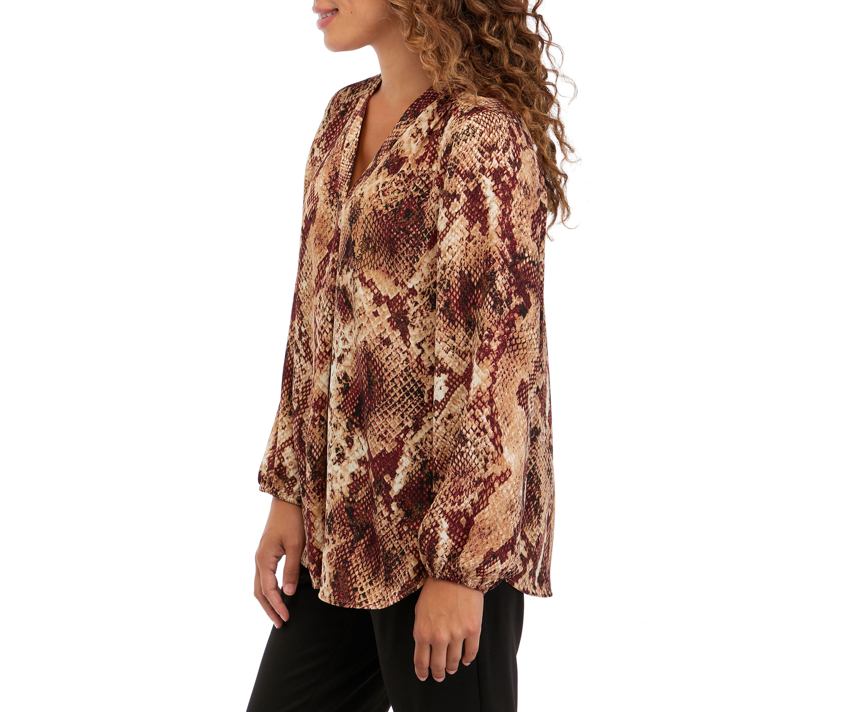 Petite V-Neck Woven Animal Print Peasant Top