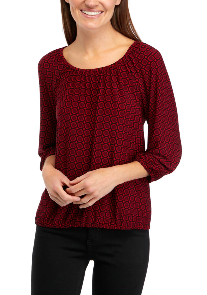 Petite 3/4 Sleeve Shirred Printed Top 
