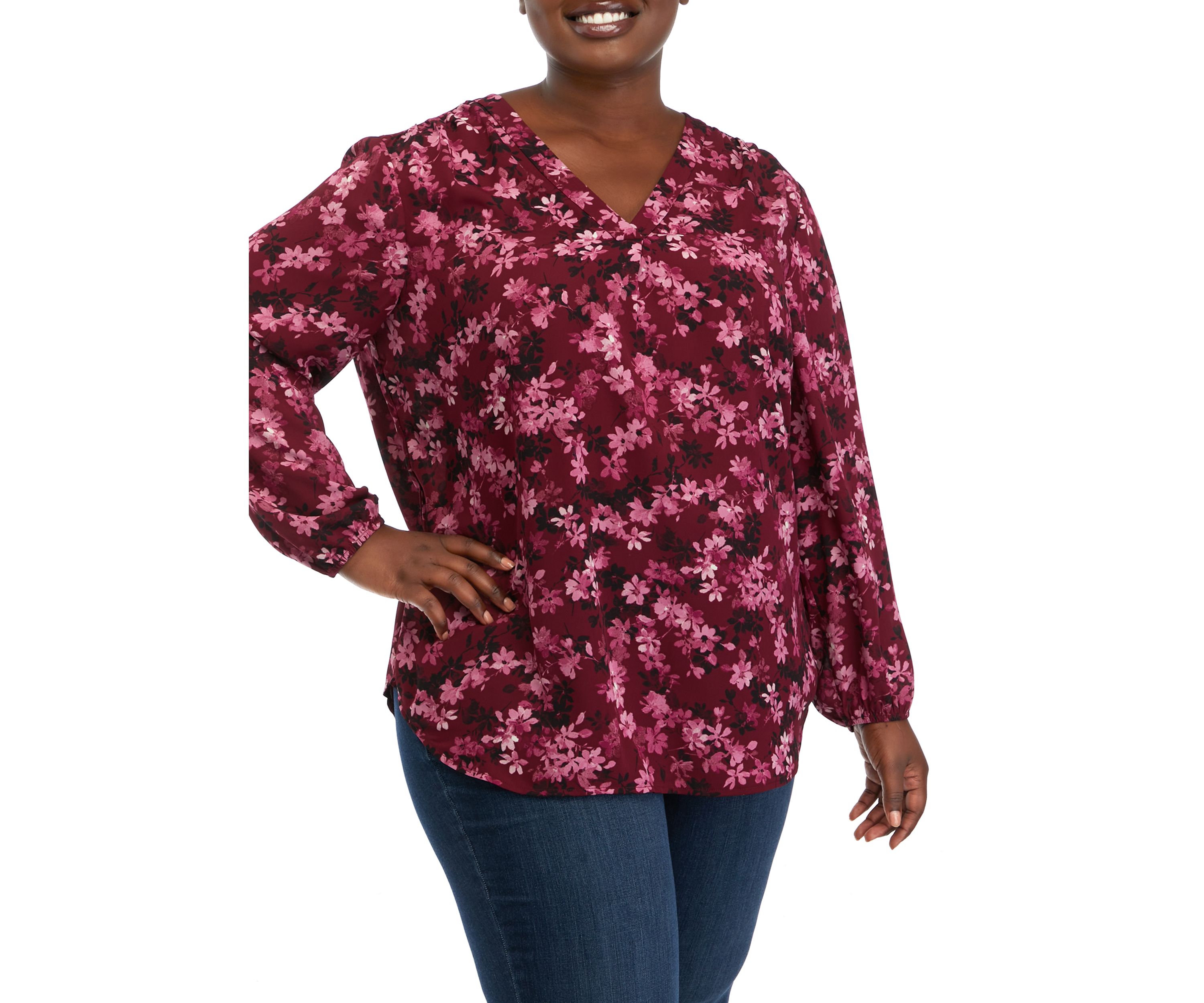 Plus Size Long Sleeve Satin V-Neck Woven Printed Top