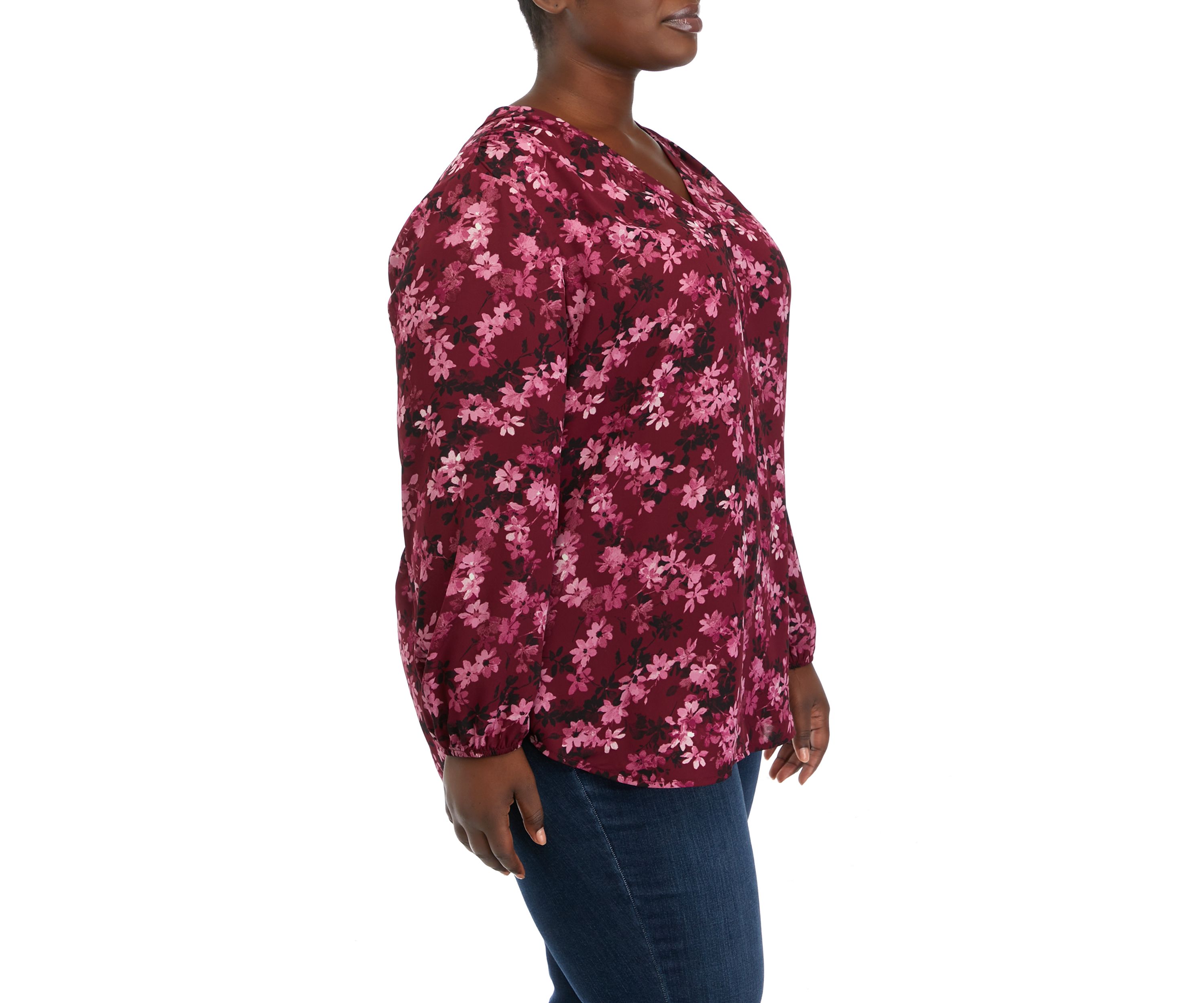 Plus Size Long Sleeve Satin V-Neck Woven Printed Top