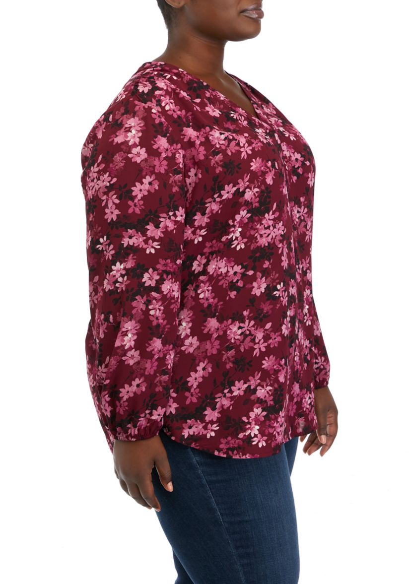 Plus Size Long Sleeve Satin V-Neck Woven Printed Top