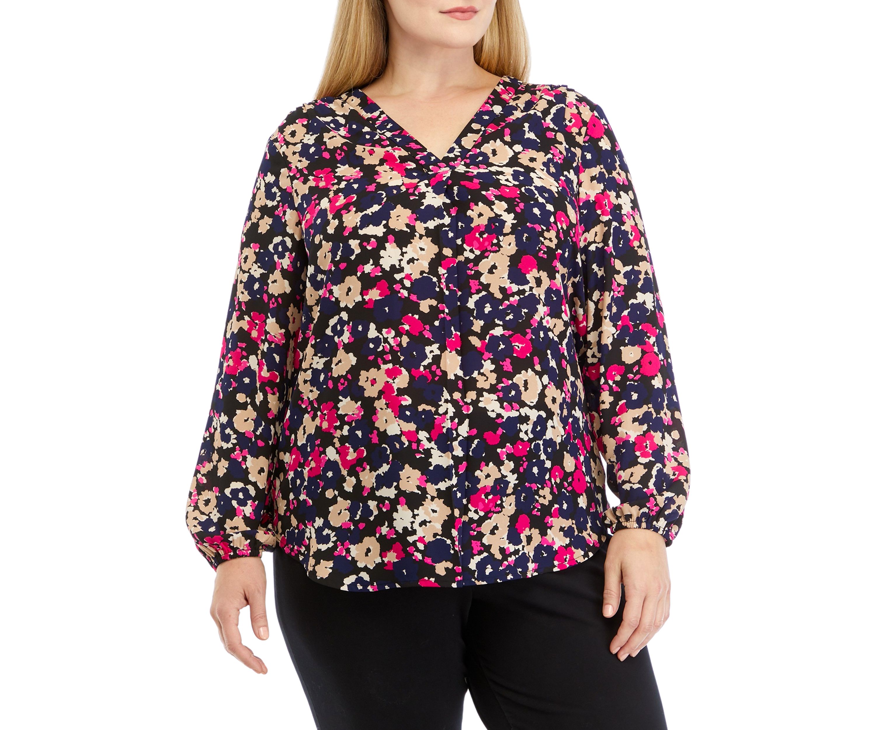 Plus Size Long Sleeve V-Neck Woven Top