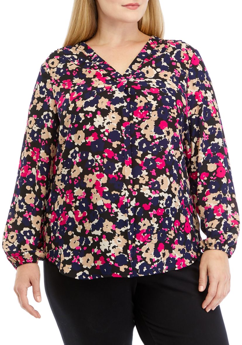 Plus Size Long Sleeve V-Neck Woven Top