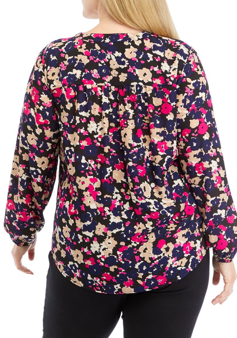 Plus Size Long Sleeve V-Neck Woven Top