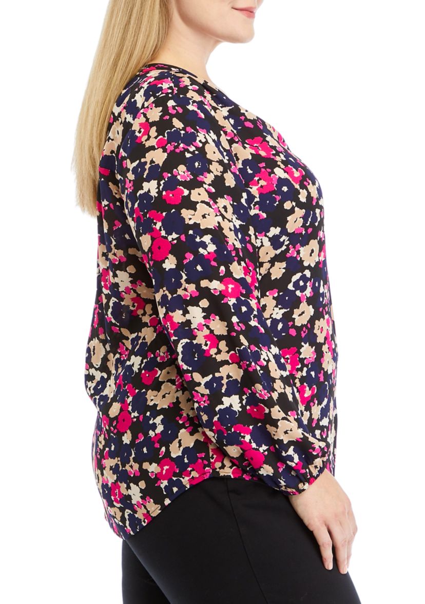 Plus Size Long Sleeve V-Neck Woven Top