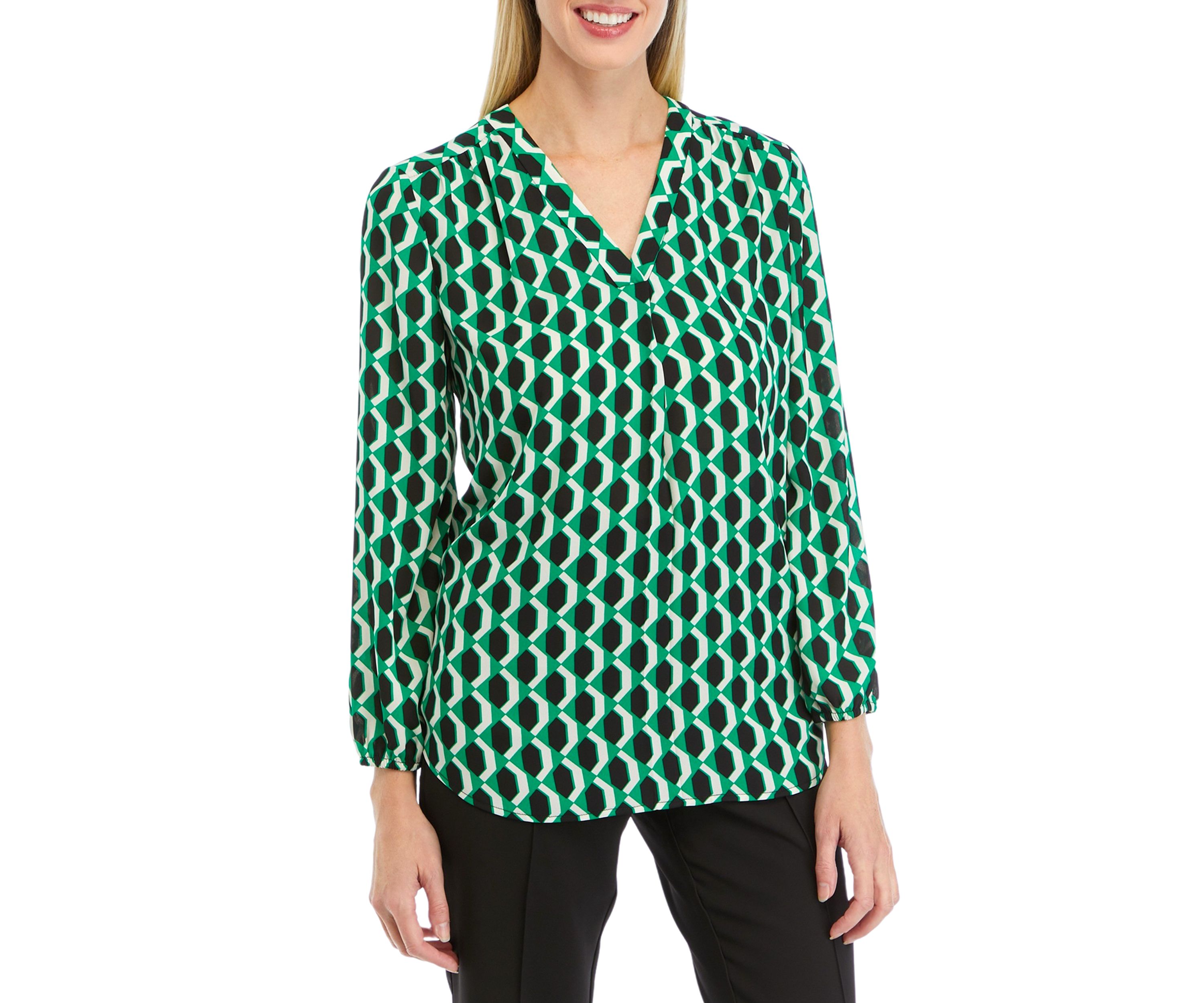 Petite Long Sleeve V-Neck Woven Top