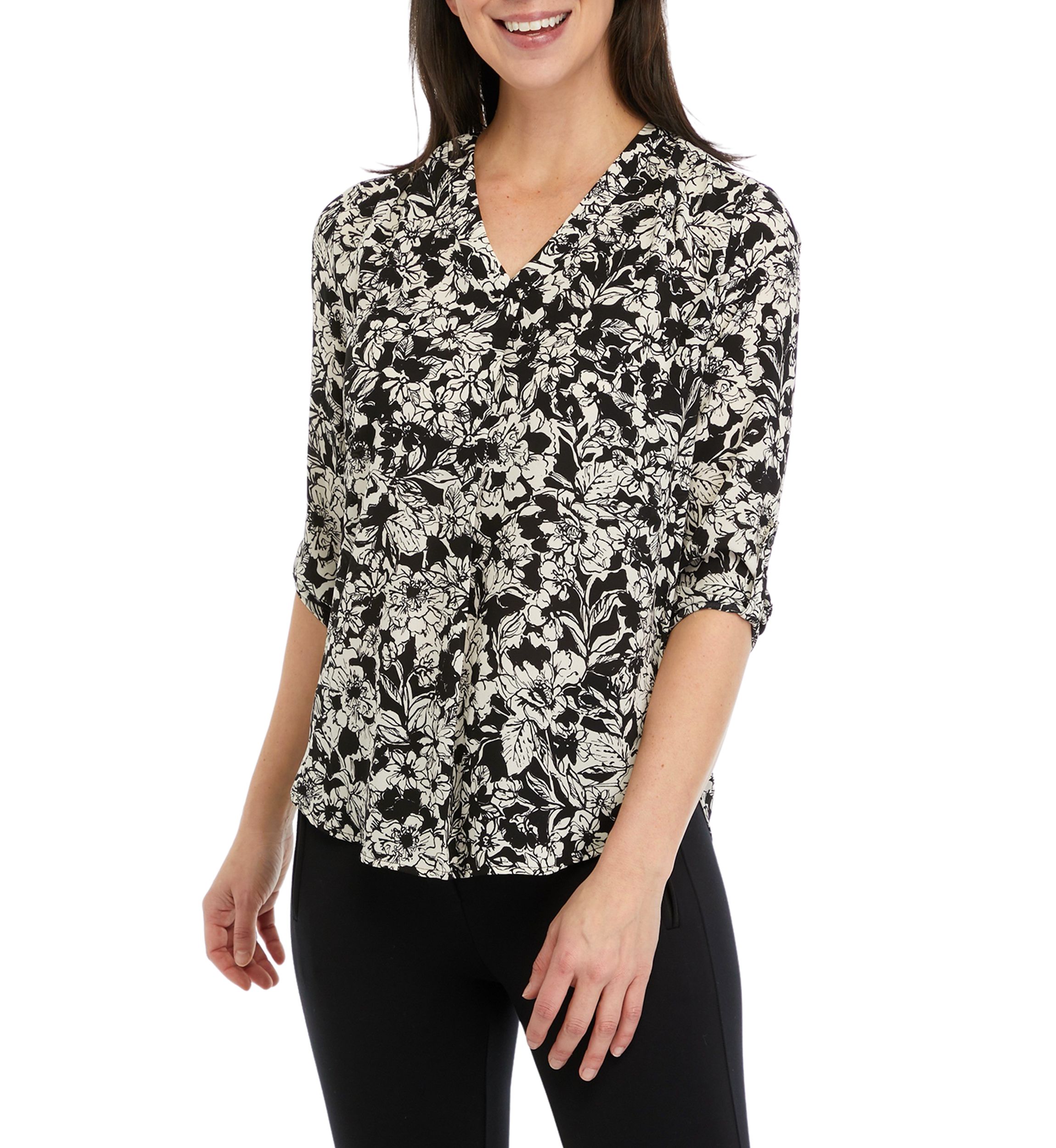 Petite Long Sleeve V-Neck Pleat Front Tunic Top