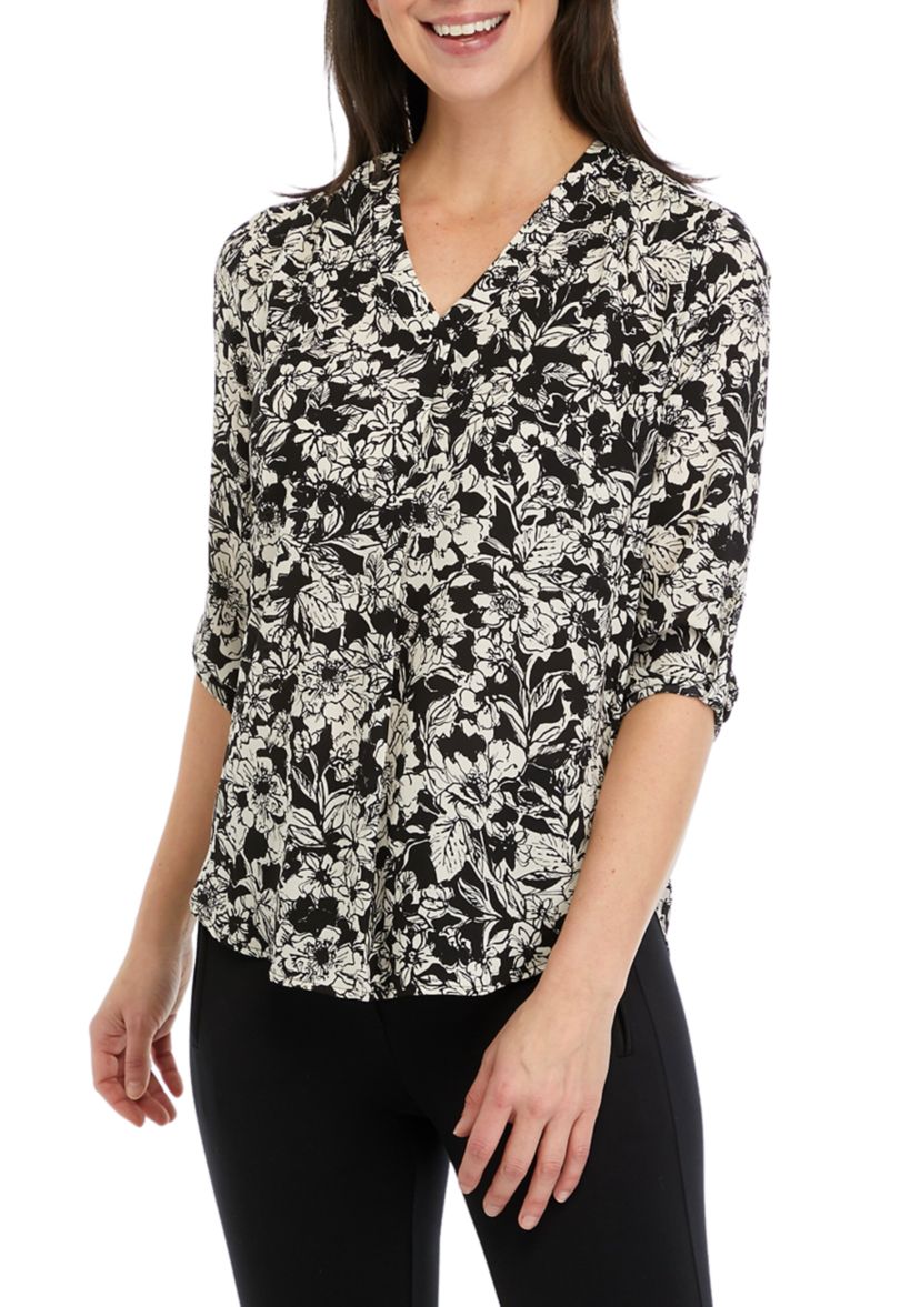Petite Long Sleeve V-Neck Pleat Front Tunic Top