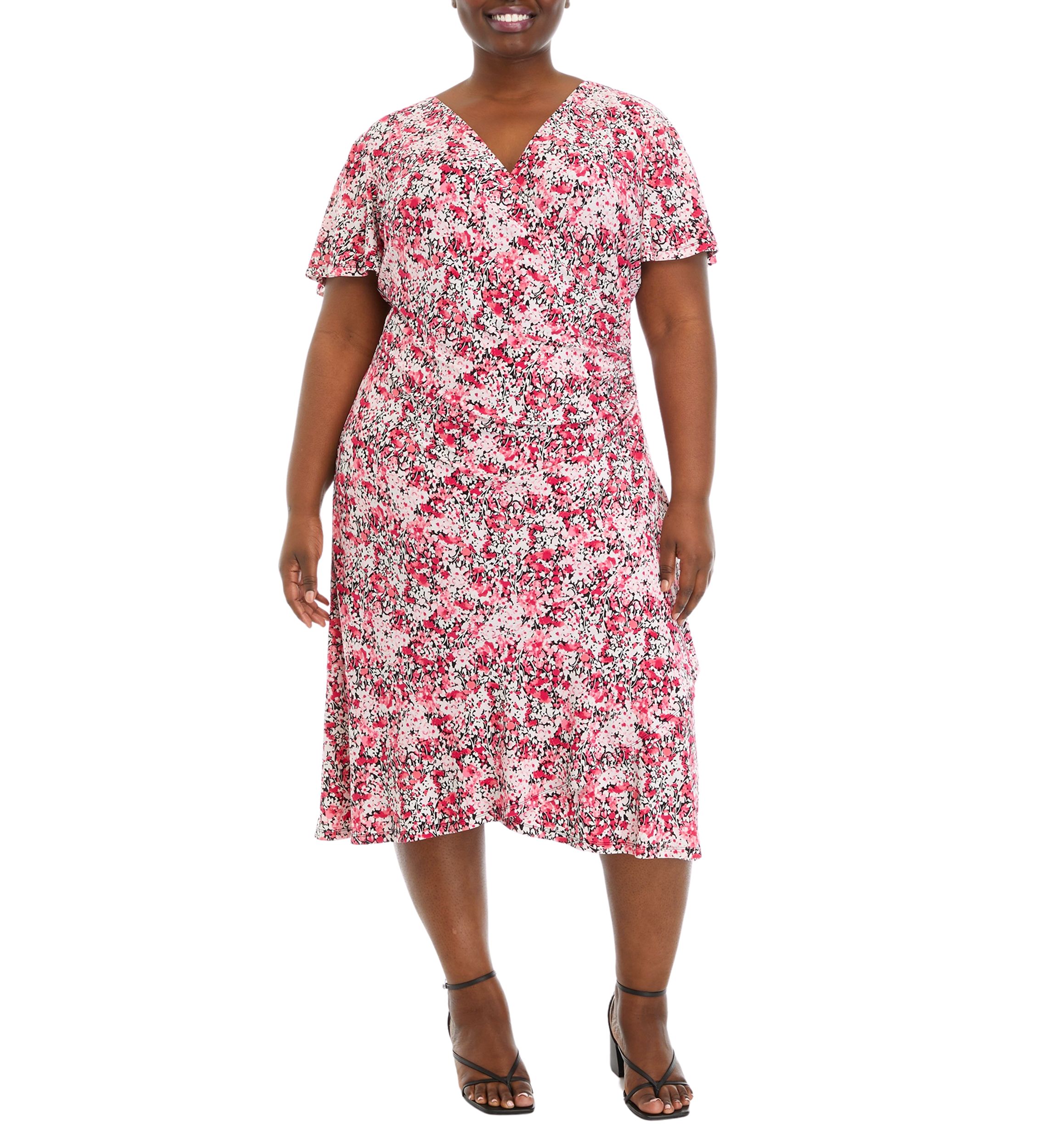 Plus Size Faux Wrap Dress with Flutter Sleeves and Ruffle Skirt