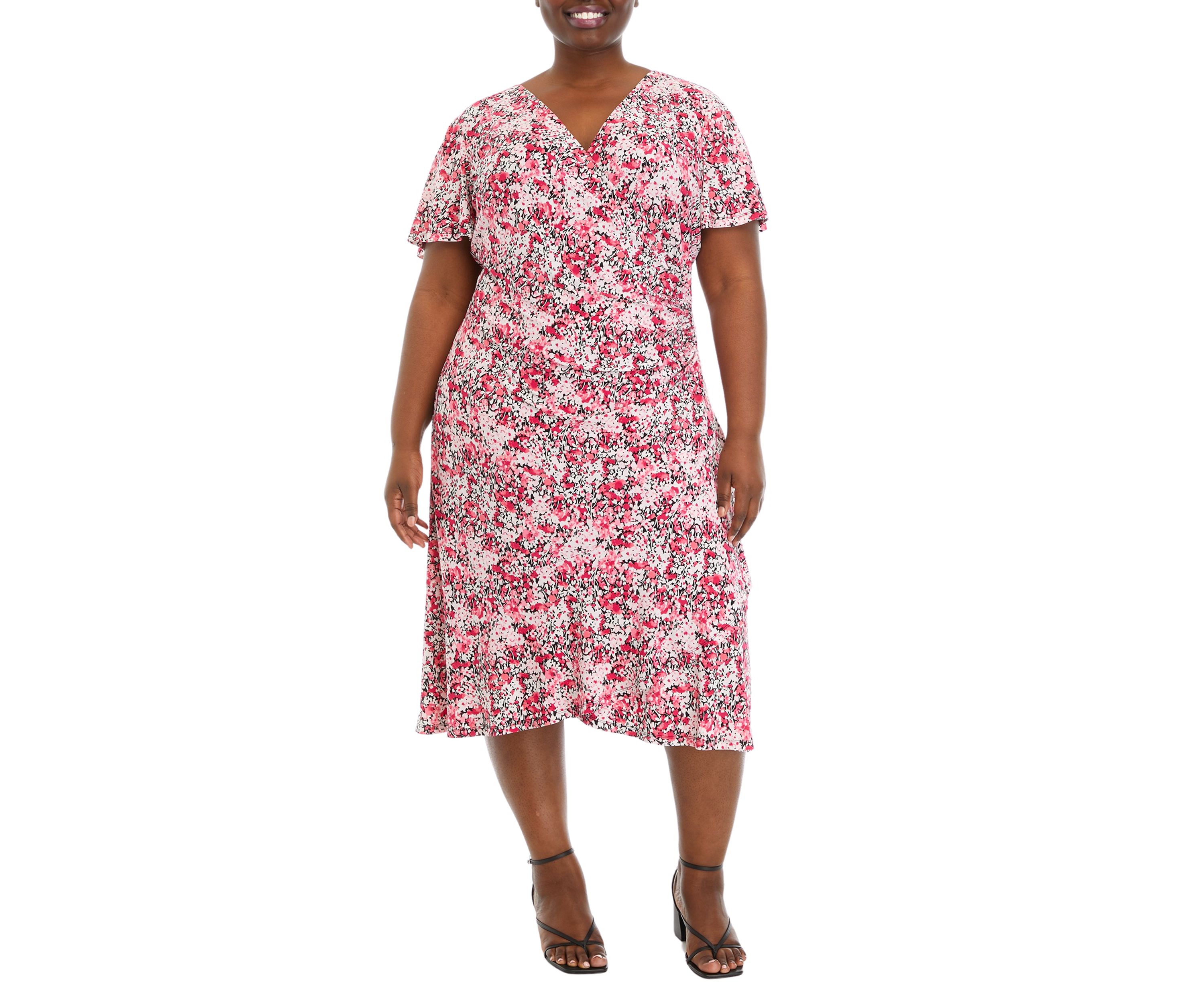 Plus Size Faux Wrap Dress with Flutter Sleeves and Ruffle Skirt