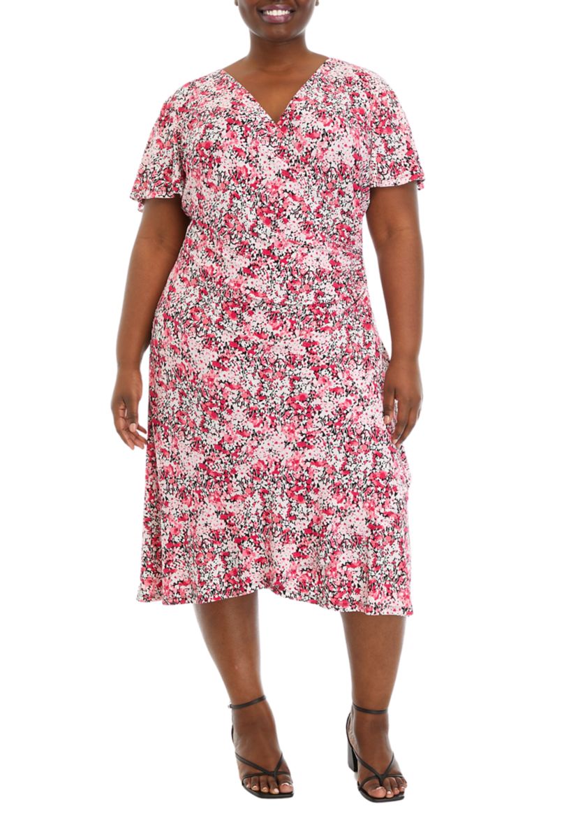 Plus Size Faux Wrap Dress with Flutter Sleeves and Ruffle Skirt