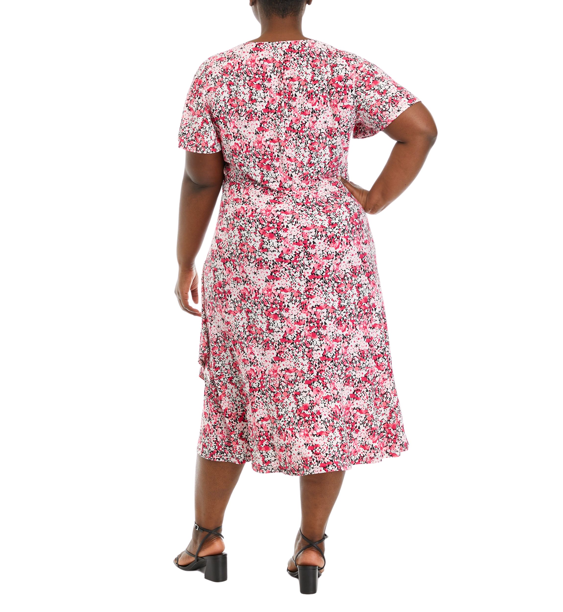 Plus Size Faux Wrap Dress with Flutter Sleeves and Ruffle Skirt