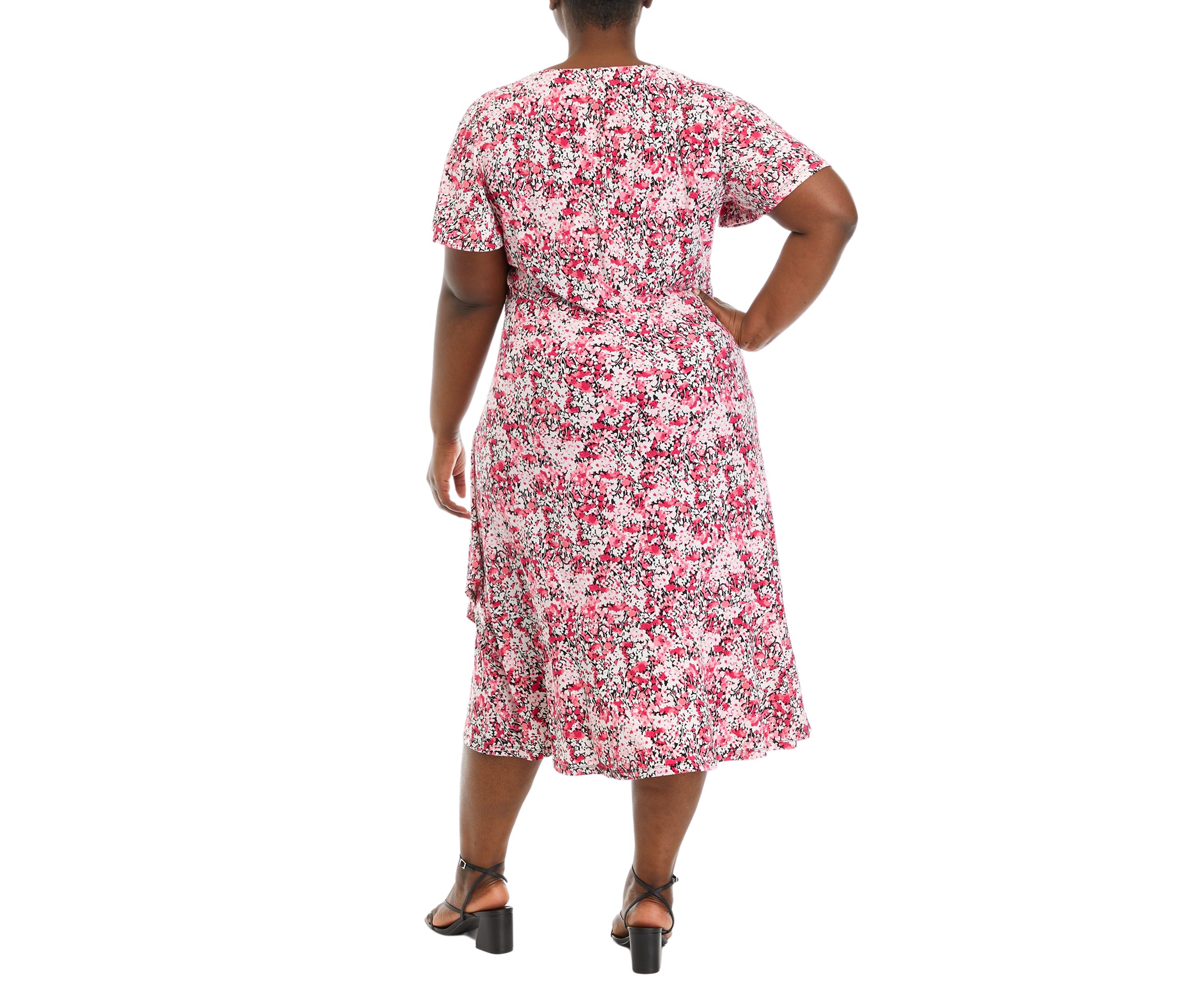 Plus Size Faux Wrap Dress with Flutter Sleeves and Ruffle Skirt