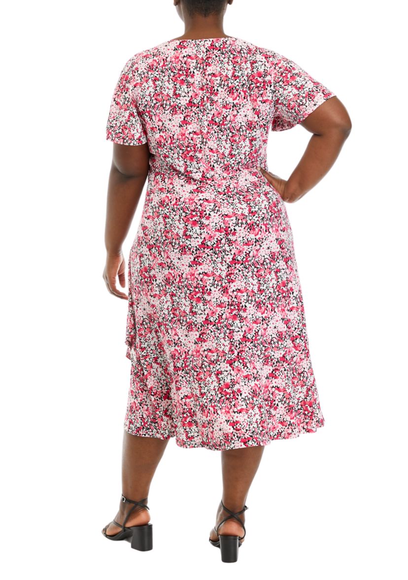 Plus Size Faux Wrap Dress with Flutter Sleeves and Ruffle Skirt