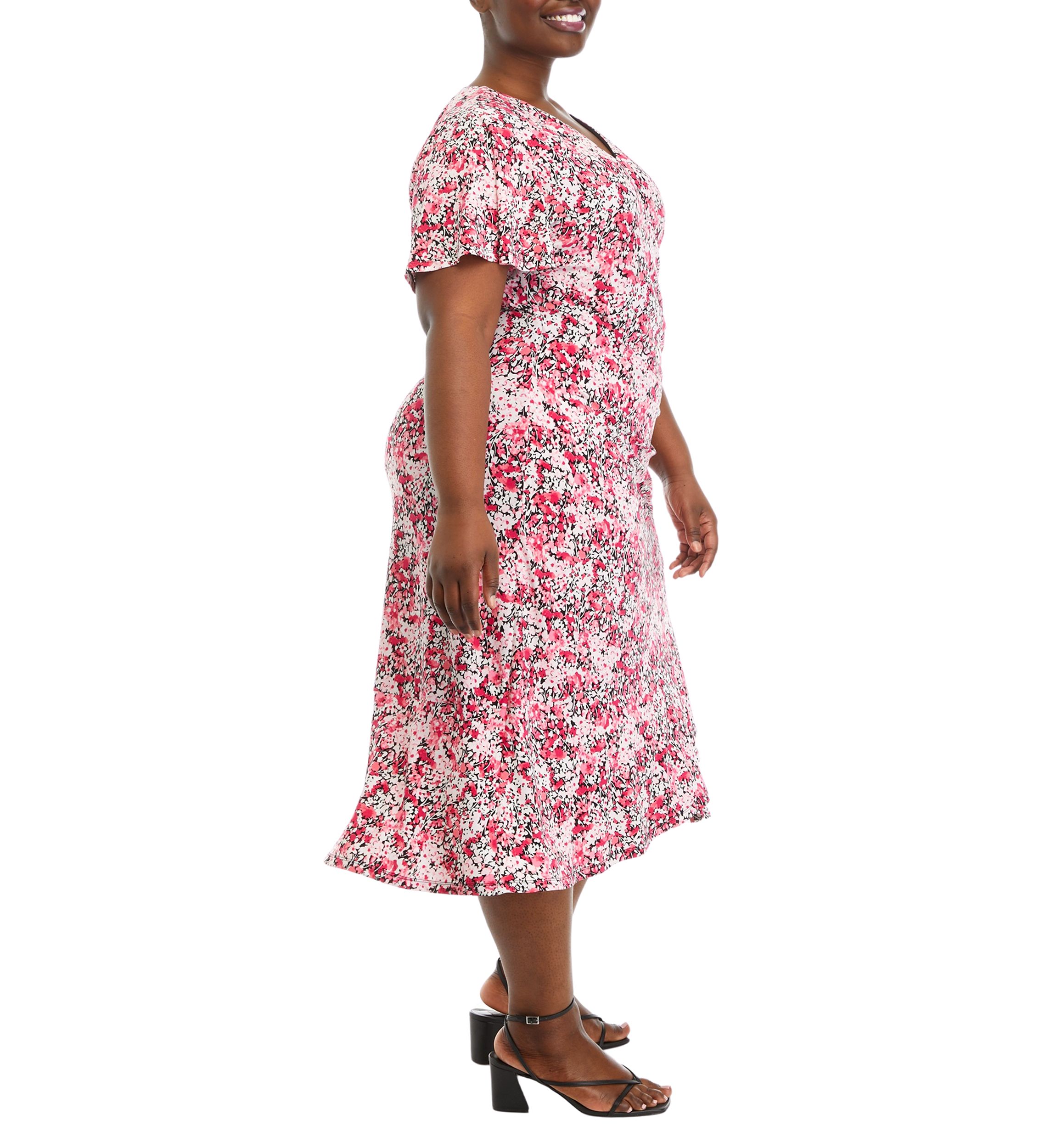 Plus Size Faux Wrap Dress with Flutter Sleeves and Ruffle Skirt