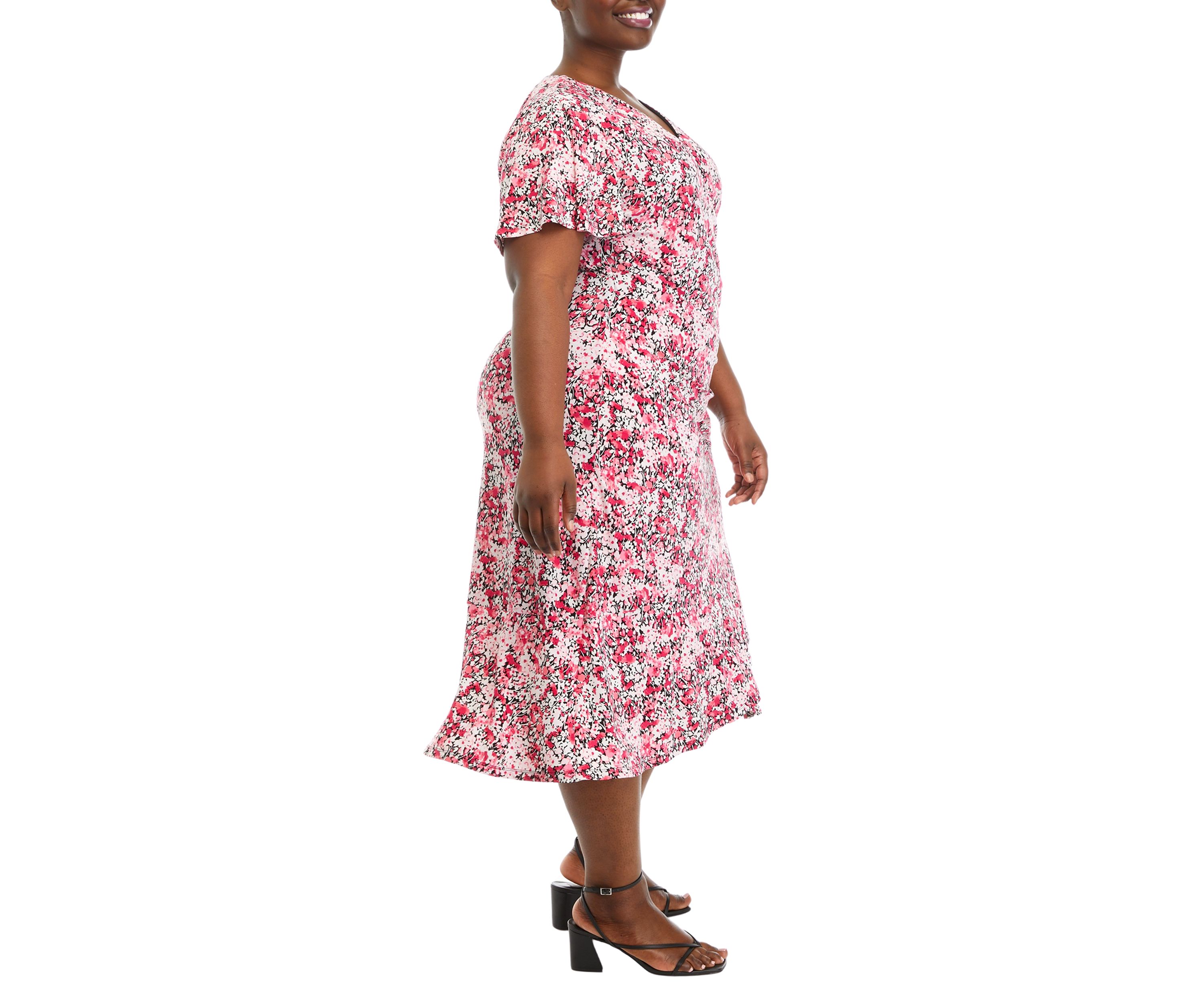 Plus Size Faux Wrap Dress with Flutter Sleeves and Ruffle Skirt