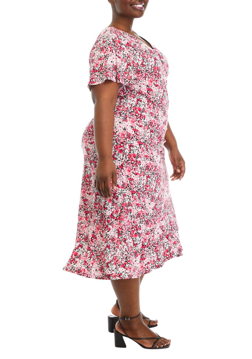 Plus Size Faux Wrap Dress with Flutter Sleeves and Ruffle Skirt
