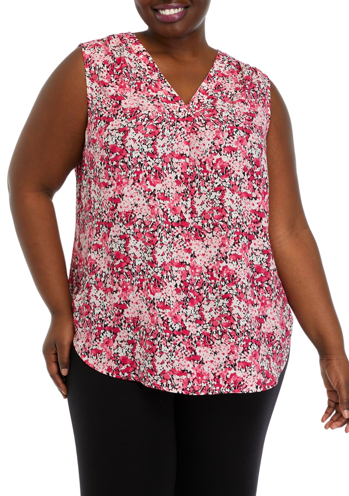 Plus Size Sleeveless V-Neck Pleat Front Tunic Top