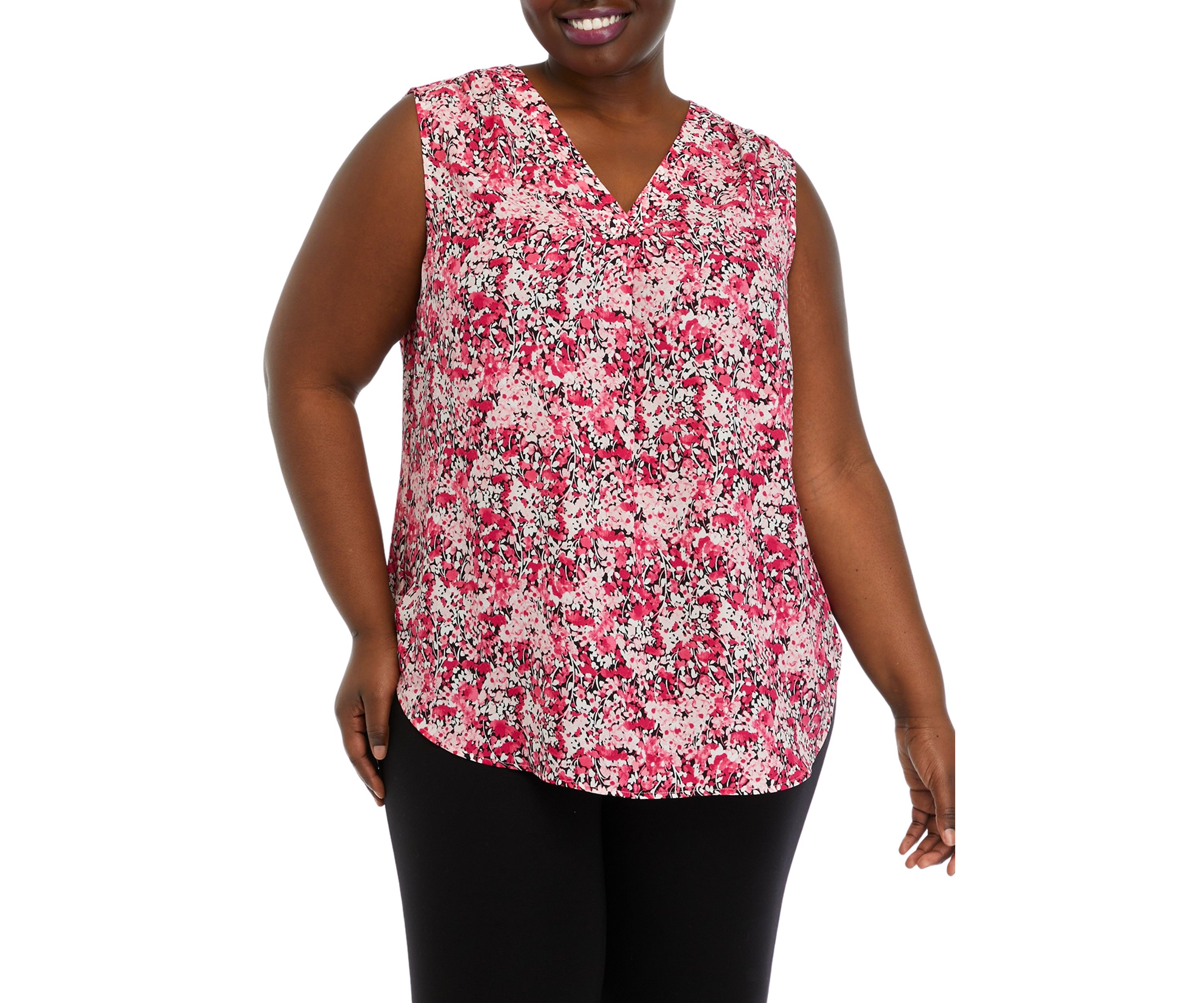 Plus Size Sleeveless V-Neck Pleat Front Tunic Top