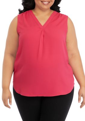 AK Anne Klein Women's Plus Size Sleeveless V-Neck Pleat Front Tunic Top