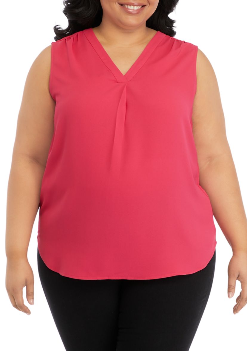 Plus Size Sleeveless V-Neck Pleat Front Tunic Top