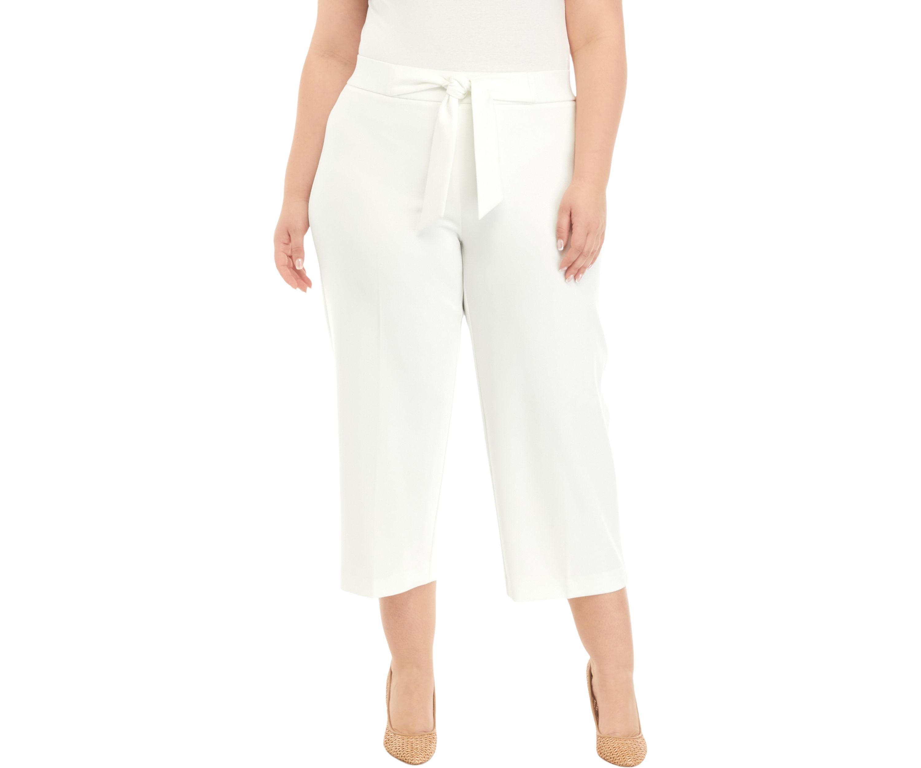 Plus Size Pull On Tie Front Wide Leg Cropped Pants