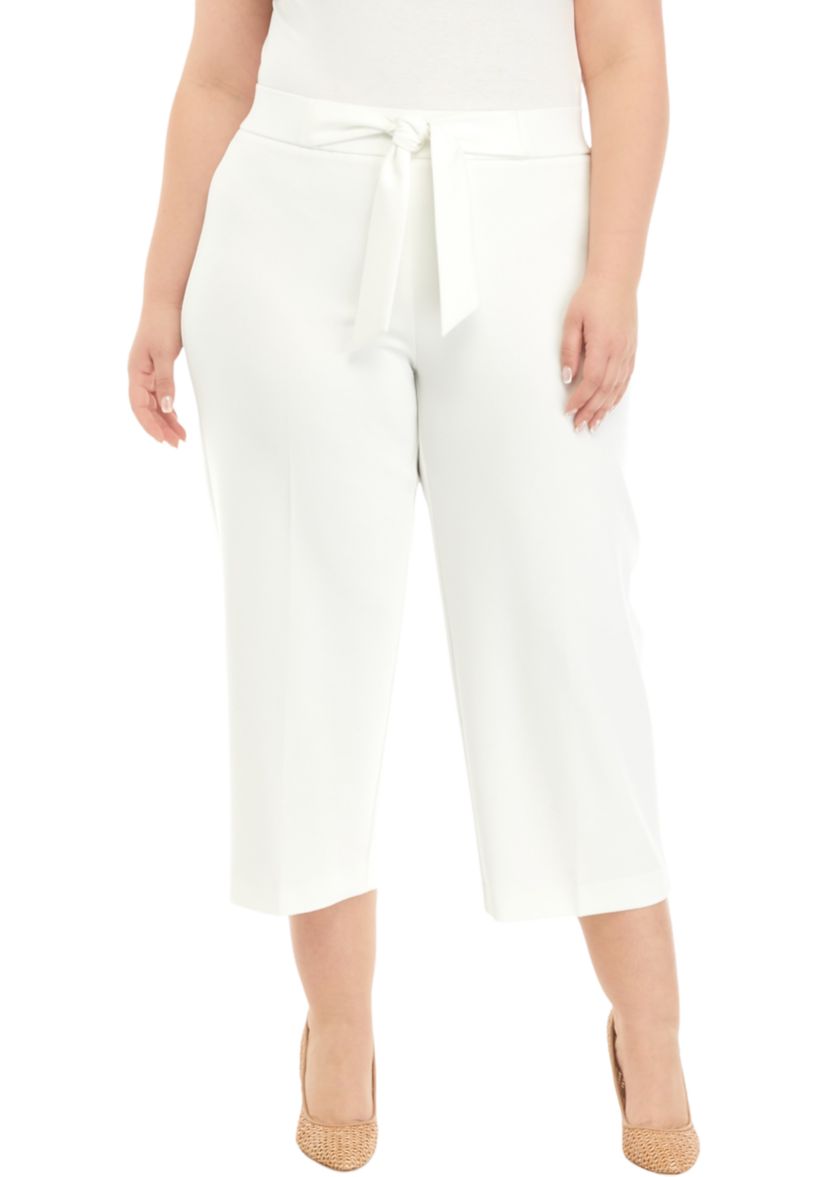 Plus Size Pull On Tie Front Wide Leg Cropped Pants
