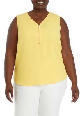 AK Anne Klein Women's Plus Size Sleeveless V-Neck Half Zip Blouse, Yellow, 3X